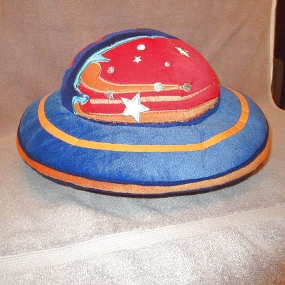 Vtg Flying Saucer Plush Throw Pillow Celestial Stars Galaxy Saturn Cosmos 16"